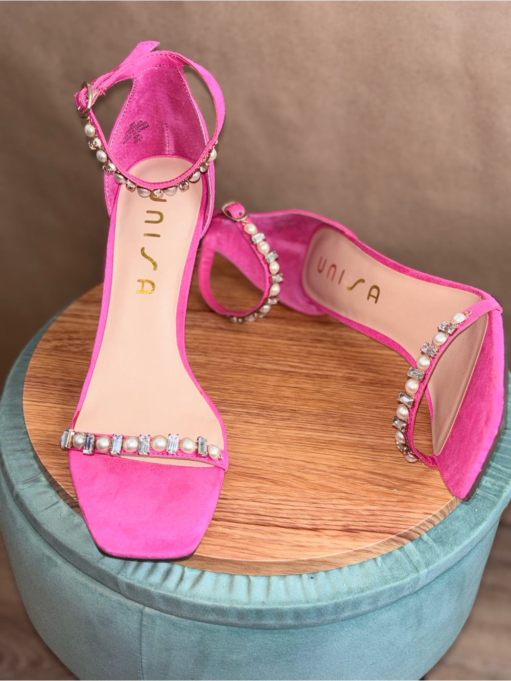 Hot Pink Pearl & Crystal Embellished Ankle-Strap Heels. Size 9